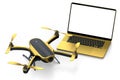 Top view of workspace and photography gear like laptop and drone on white