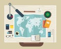 Top view of desk background with map, digital Royalty Free Stock Photo