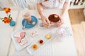 Top view of dessert, cakes, cookies and latte on table Royalty Free Stock Photo