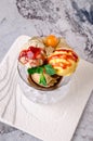 Top view of Dessert - Three balls of multi flavor ice cream with Scoops of Chocolate, Vanilla and Fruit Ice Cream with Royalty Free Stock Photo