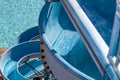 Top view of detail pf blue color a waterslide to landing in a refreshing pool in the waterpark