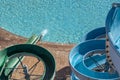 Top view of detail pf blue color a waterslide to landing in a refreshing pool in the waterpark Royalty Free Stock Photo