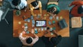 Top view of developer team working together to stick idea on board. Convocation.