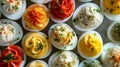 Top view deviled eggs with a variety of toppings and fillings different tastes, colors and textures