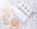 Top view of diet, healthy food. Crispy round dietary fitness bread, a bottle of yogurt, buckwheat noodles, plastic egg tray on Royalty Free Stock Photo