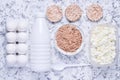 Top view of diet, healthy food. Crispy round dietary fitness bread, cottage cheese, bottle of yogurt, buckwheat noodles, plastic e Royalty Free Stock Photo