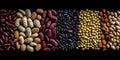 Top view of different beans over black background.