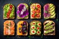 Top view of different decorated sandwiches as appetizer. Healthy food. Vegetable meal
