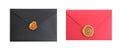 Top view of different envelopes with wax seals on white background, collage