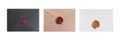 Top view of different envelopes with wax seals on white background, collage. Banner design