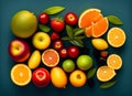 Ai Generative Top View of Different Fresh Fruits - Apples, Pears, Plums, Oranges, Strawberries, and Beyond