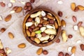 Top view of different nuts: almonds, pistachios, peanuts, hazelnuts in wooden bowl on light background. Royalty Free Stock Photo