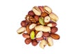 Top view of different nuts mix: almonds, pistachios, peanuts, hazelnuts heap isolated on white background. Royalty Free Stock Photo