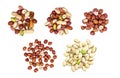 Top view of different nuts mix: almonds, pistachios, peanuts, hazelnuts heap set isolated on white background.