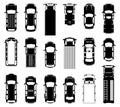 Top view of different roof cars on the road. Black vector icons of automobiles Royalty Free Stock Photo