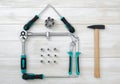 Top view different type of constructive tools making shape home, house. Royalty Free Stock Photo