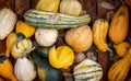 Top view of different varieties of pumpkins put on a wooden surface