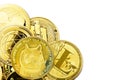Top view of a digital dog coin leaning on a bunch of altcoins isolated on a white background Royalty Free Stock Photo