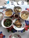 Top view of the dining table with a variety of dishes, traditional Thai dishes popular with rice and rice