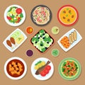 Top view dinner table with european dishes and japanese cuisine meal. Cartoon food vector set isolated Royalty Free Stock Photo