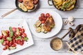 Top of view dinner table with grilled chicken breast. Royalty Free Stock Photo