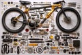 top view of disassembled bike parts arranged neatly