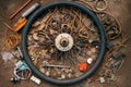 top view of disassembled bike wheel with spokes