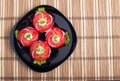 Top view of a dish with fresh sliced tomatoes, lettuce and onion Royalty Free Stock Photo