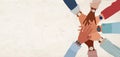 Top view of diverse business team with stacked hands showing unity teamwork and startup collaboration