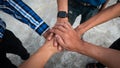 The top view of a diverse group of hands together to support teamwork Aerial Royalty Free Stock Photo
