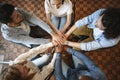 Top view of diverse people hands holding together in circle, hands stack Royalty Free Stock Photo