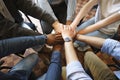 Top view of diverse people hands holding together in circle, hands stack Royalty Free Stock Photo