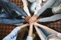 Top view of diverse people hands holding together in circle, hands stack Royalty Free Stock Photo