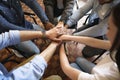 Top view of diverse people hands holding together in circle, hands stack Royalty Free Stock Photo