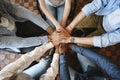 Top view of diverse people hands holding together in circle, hands stack Royalty Free Stock Photo