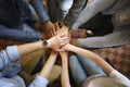 Top view of diverse people hands holding together in circle, hands stack Royalty Free Stock Photo