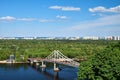 Top view of the Dnipro River and the pedestrian bridge to Trukhanov Island in Kyiv