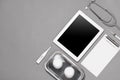 Top view of doctor desk table with stethoscope and medical items Royalty Free Stock Photo