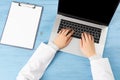 Top view of doctor hands typing at laptop Royalty Free Stock Photo