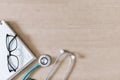 Top View of Doctor Workspace With Stethoscope and Personal Equipment on Table Desk, Above View of Doctor Working Space at Clinic Royalty Free Stock Photo