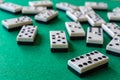 Top view of domino pieces, the six double focused, the rest out of focus, on horizontal Royalty Free Stock Photo