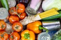 Top view of donation box with food grocery, pasta, cans, vegetables and other for cooking. Volunteering and social assistance