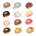 Top View Donuts isolated on white background. Doughnuts in colorful glaze, kids sweets assorted, pastry for menu design Royalty Free Stock Photo