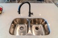 Top view of double bowl stainless steel undermount sink of a kitchen island