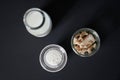 Top view of dough starter ingredients: sugar, milk and yeast Royalty Free Stock Photo