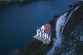 Top view of the Douro River and the Vila Nova de Gaia bank with chapel, Porto, Portugal.