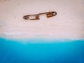 Top view down on an old rusty ship lying on the beach. Royalty Free Stock Photo