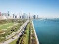 Top view modern Chicago skylines, busy traffic and Lake Michigan