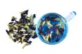 Top view of dried butterfly pea flower with butterfly pea tea