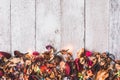 Top view of Dried flowers with Christmas lights on wooden table background. Free space for your text Royalty Free Stock Photo